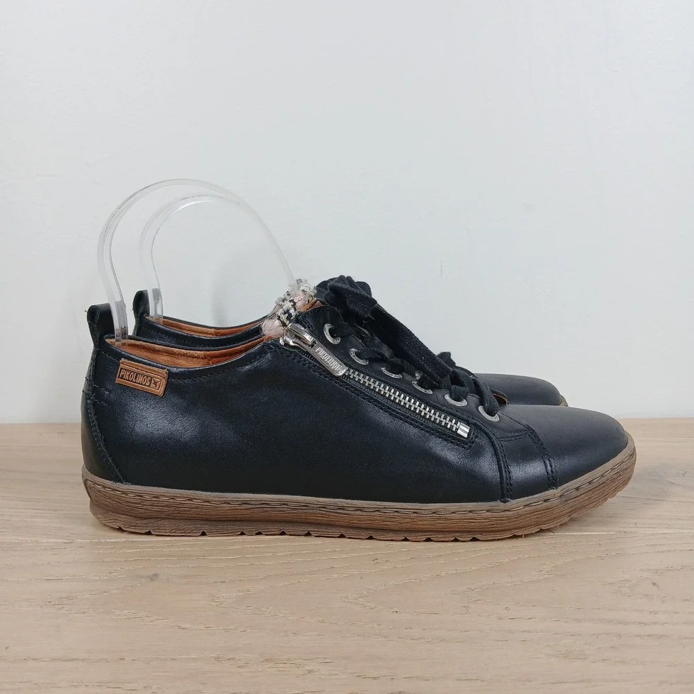 Pikolinos Sneakers Women 7 Black Leather Lace Up Zip Streetwear Casual Comfort